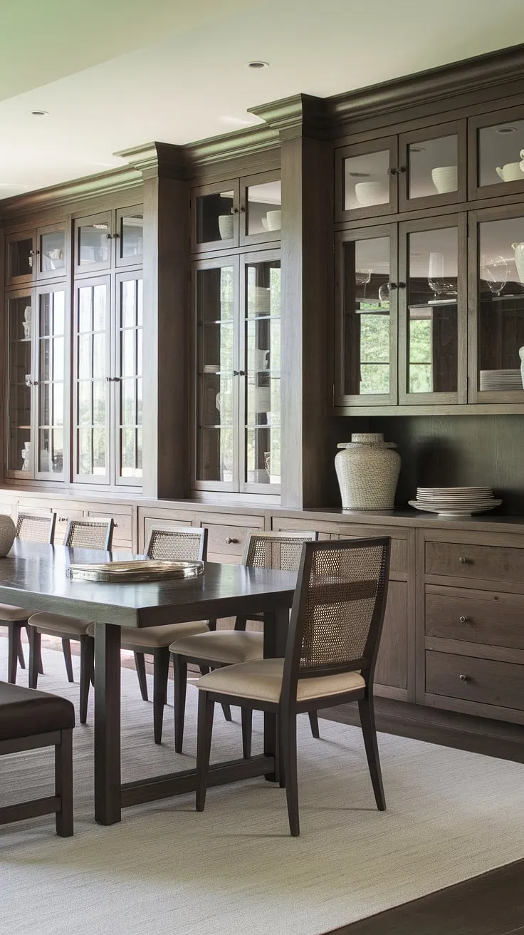 Warmth and sophistication meet in this dining room, showcasing exquisite built-in cabinetry and a custom-built buffet. The rich dark wood tones create a sense of timeless elegance, while the glass-fronted built-in cabinets and built-in dining room furniture flood the space with natural light. The built-in dining room storage provides both practicality and style, complemented by a long dining table, comfortable chairs, and a convenient bench. The light rug anchors the space, completing this stunning example of built-in dining room design.