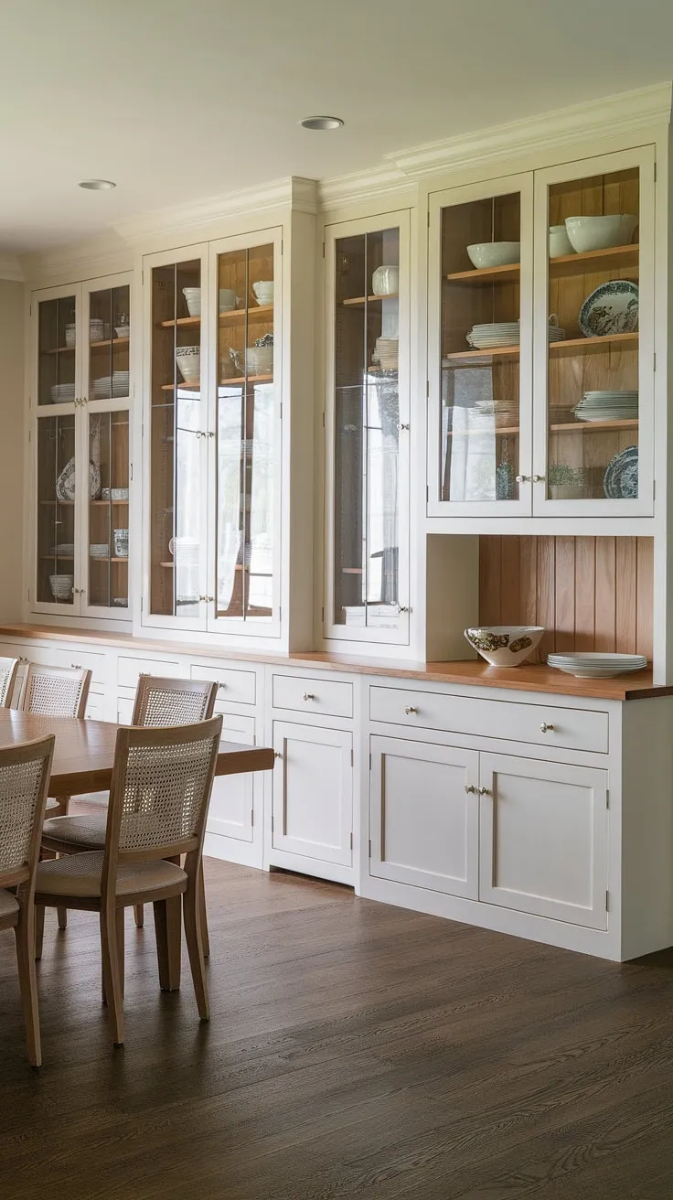 This stunning dining room boasts impressive built in dining room furniture, seamlessly integrating form and function. The built in cabinetry dining room is a masterpiece of design, with built-in cabinets dining room providing ample storage and display space. The built in buffet dining room adds a touch of classic elegance, while the custom built ins create a cohesive and luxurious atmosphere. The dark wood flooring complements the rich tones of the built-in dining room storage, creating a warm and inviting space. This dining room with built-in storage is the perfect blend of style and practicality.