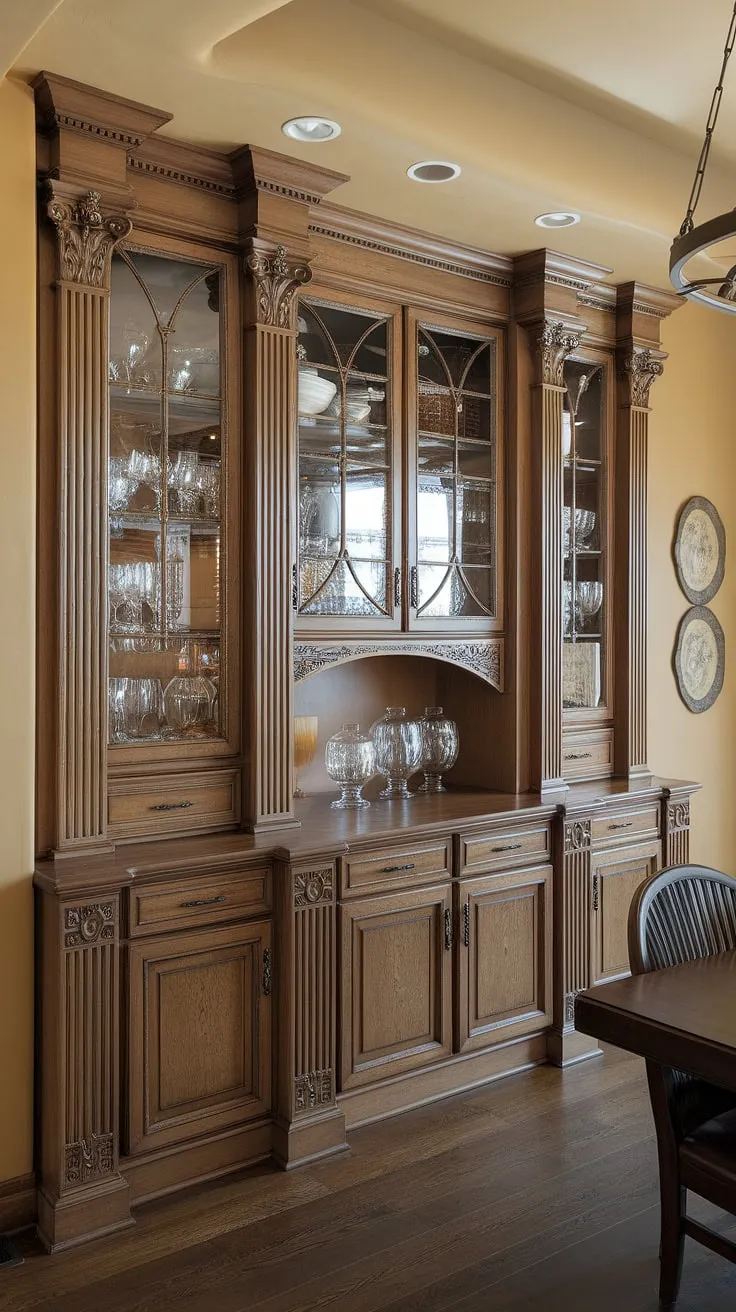 Elegance redefined: This built-in dining room, complete with a custom-built buffet and stunning built-in cabinetry, offers both beauty and unparalleled storage. The built-in dining room furniture seamlessly blends form and function.