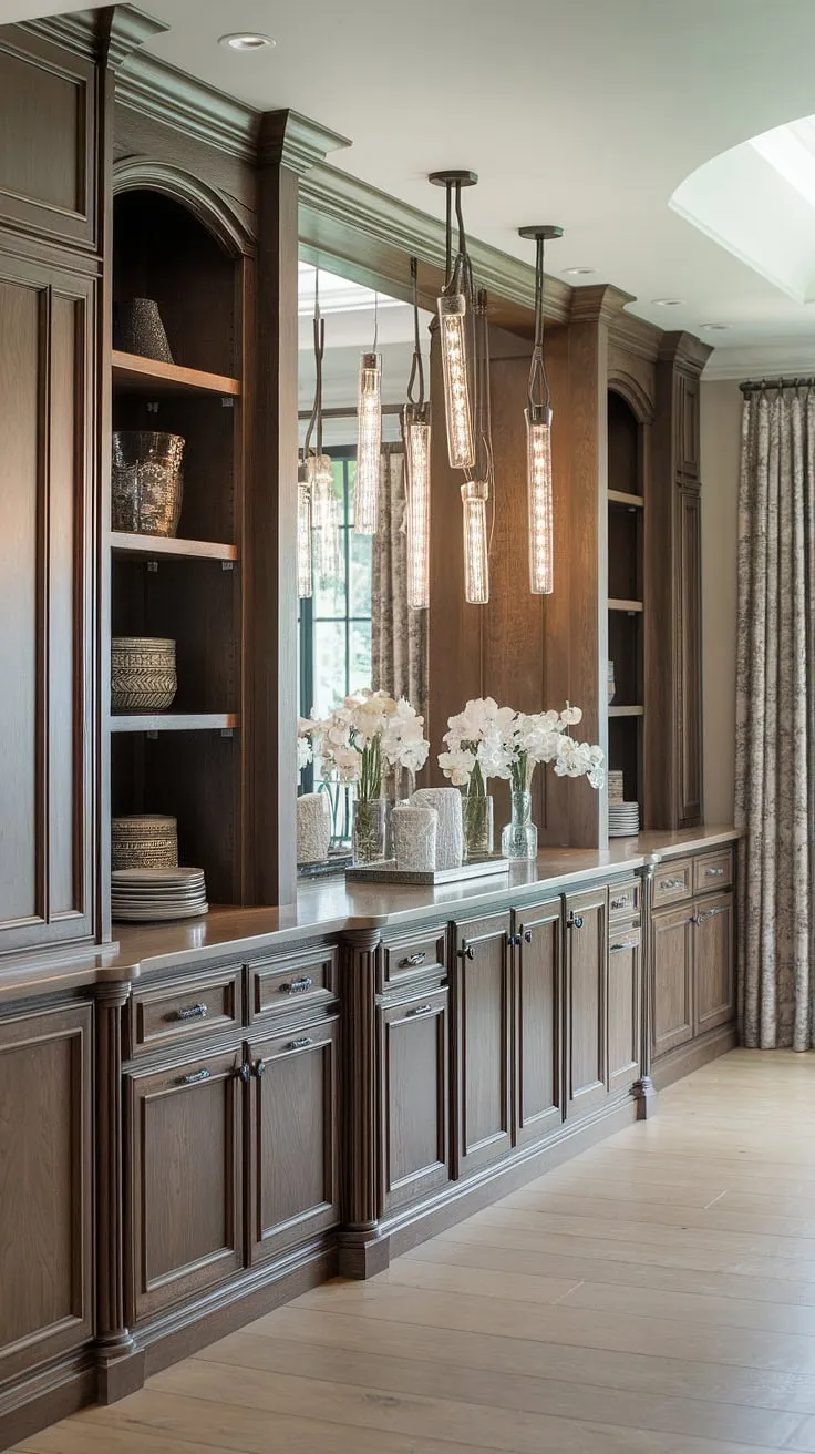 This built-in dining room boasts exquisite built-in cabinets and a built-in buffet, creating a dining room with built-in storage that's both functional and breathtaking. The dining room custom built-ins are the heart of this design.