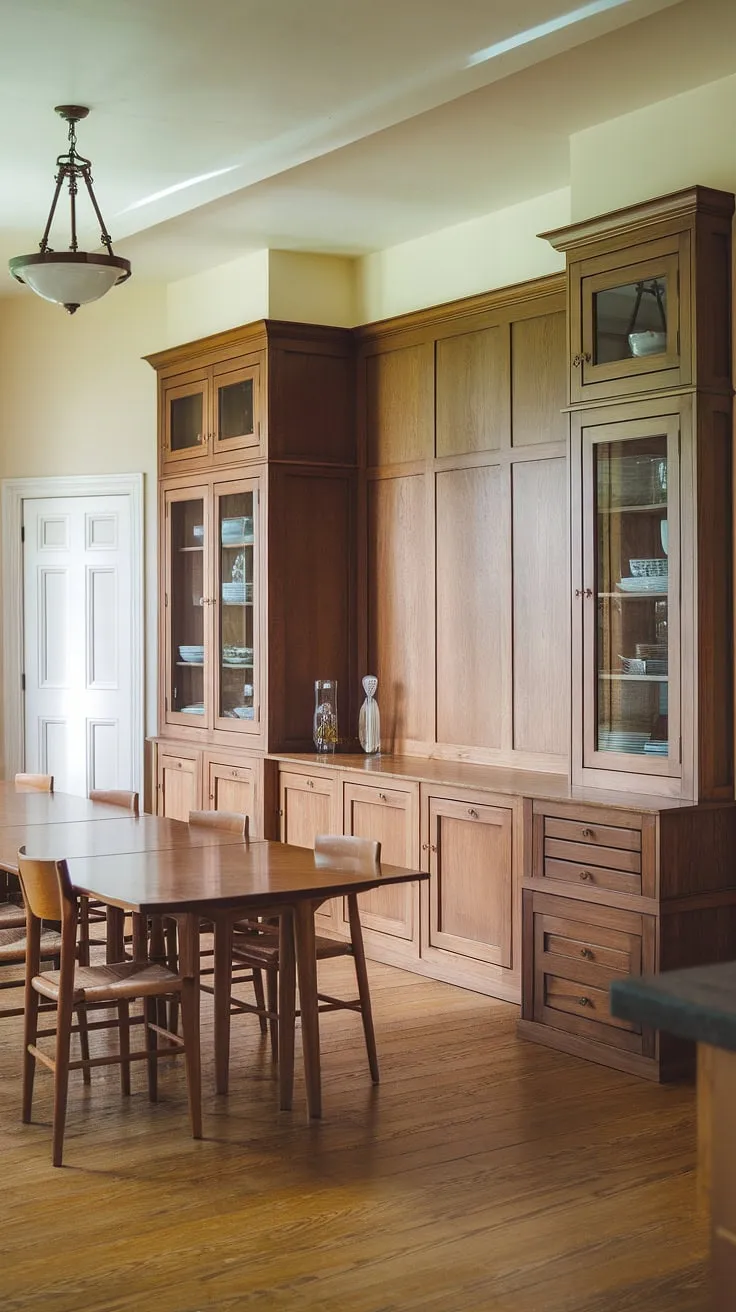 This dining room with built-in storage is a testament to thoughtful design. The built-in dining room furniture, crafted from the same exquisite wood as the long dining table, offers both style and practicality. The built-in cabinets dining room solution, including a substantial built-in buffet dining room piece, provides ample storage while maintaining a cohesive and elegant look. The dining room built-ins are a perfect example of how custom built-ins can transform a dining space into a truly functional and beautiful area.