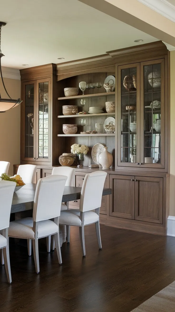 Warmth and elegance meet in this stunning built-in dining room, showcasing custom-built cabinetry that seamlessly blends storage and style. The built-in buffet dining room offers ample space, while the built-in cabinets dining room create a sophisticated atmosphere.