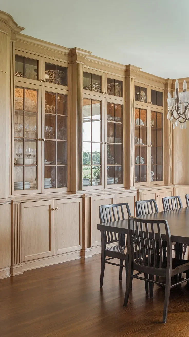 Effortless elegance in this built-in dining room, showcasing custom-built cabinetry and ample storage. The built-in buffet dining room design maximizes space and style.