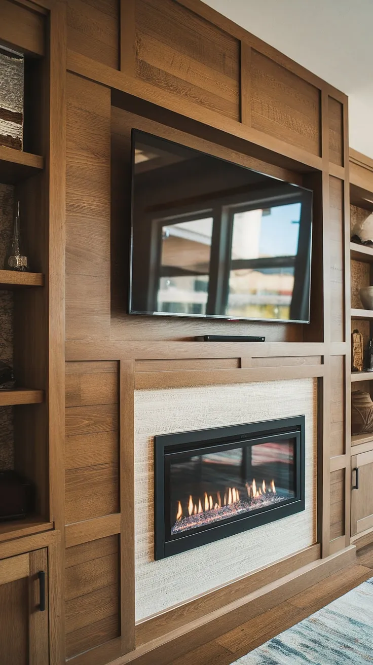 Warmth and modern style unite in this living room media wall design.  The media wall with panelling, complete with a built-in fireplace and integrated TV, is a dream come true. This cozy media wall is the heart of the home, showcasing a custom TV wall unit with fireplace that elevates living room tv wall unit design to a new level.  The living room media wall is a testament to the power of a well-designed space.