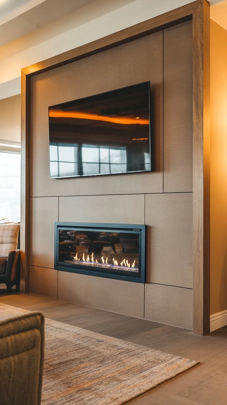This custom TV wall unit with fireplace is the heart of our contemporary living room. The cozy media wall, featuring a built-in fireplace and sleek panelling, perfectly blends modern media wall design with warm living room decor.  The living room media wall is a stunning example of a media wall with fireplace, creating the ultimate entertainment and relaxation space.