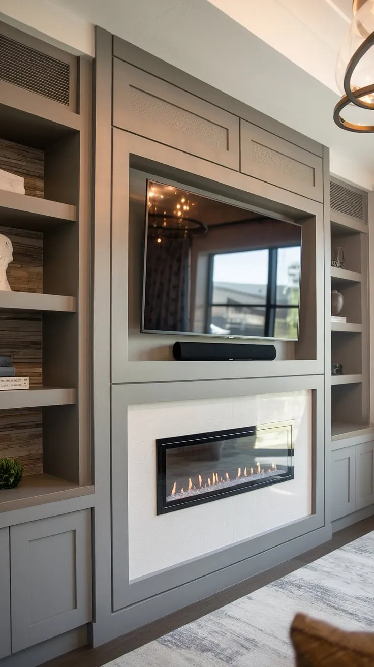 This contemporary living room media wall is the epitome of modern luxury. The custom TV wall unit with fireplace boasts a stunning built-in fireplace TV wall, seamlessly blending style and functionality.  The media wall with panelling and integrated shelving creates a cozy media wall perfect for relaxing evenings.  The living room decor with media wall is complete with a chic chandelier, showcasing the modern media wall design.
