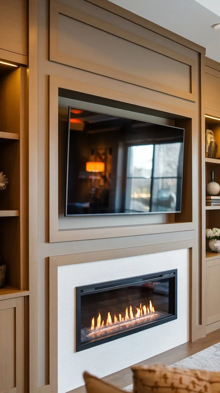 The living room tv wall unit is more than just furniture; it's a work of art. This media wall with fireplace is a showstopper, featuring a built-in fireplace TV wall and a custom tv wall unit with fireplace, all within a modern media wall design. The cozy media wall, complete with panelling, transforms this contemporary living room media wall into a haven of comfort and style.  The living room decor with media wall is perfectly balanced, creating an inviting atmosphere.