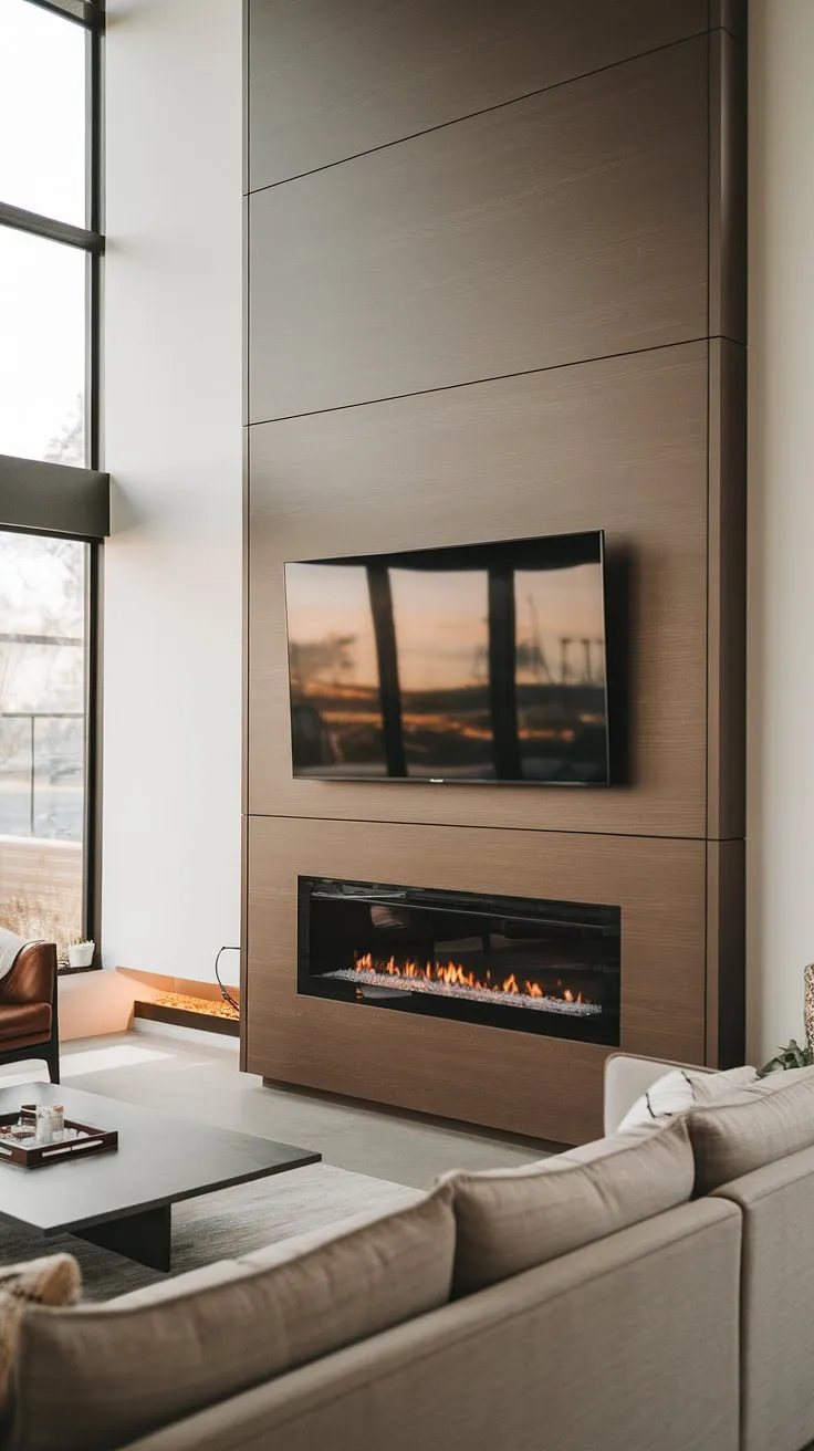 This contemporary living room boasts a stunning custom TV wall unit with fireplace, creating a cozy media wall with panelling that's the perfect blend of modern media wall design and warmth. The built-in fireplace TV wall is a focal point, showcasing the sleek design of the living room tv wall unit and elevating the living room decor with media wall.