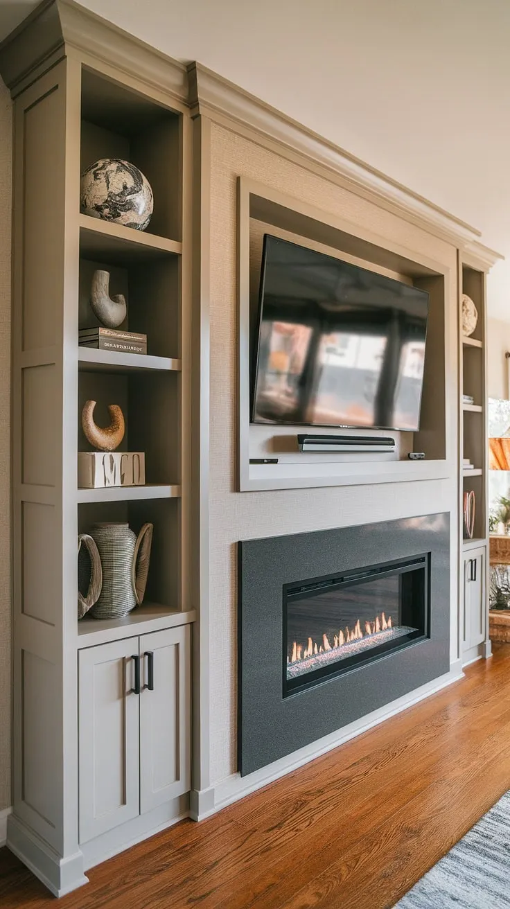 This contemporary living room media wall seamlessly blends style and comfort.  The custom TV wall unit with fireplace, featuring a sleek built-in fireplace and ample shelving, creates a cozy media wall perfect for relaxing evenings. The modern media wall design and living room tv wall unit are the focal point, showcasing a sophisticated living room decor with media wall.
