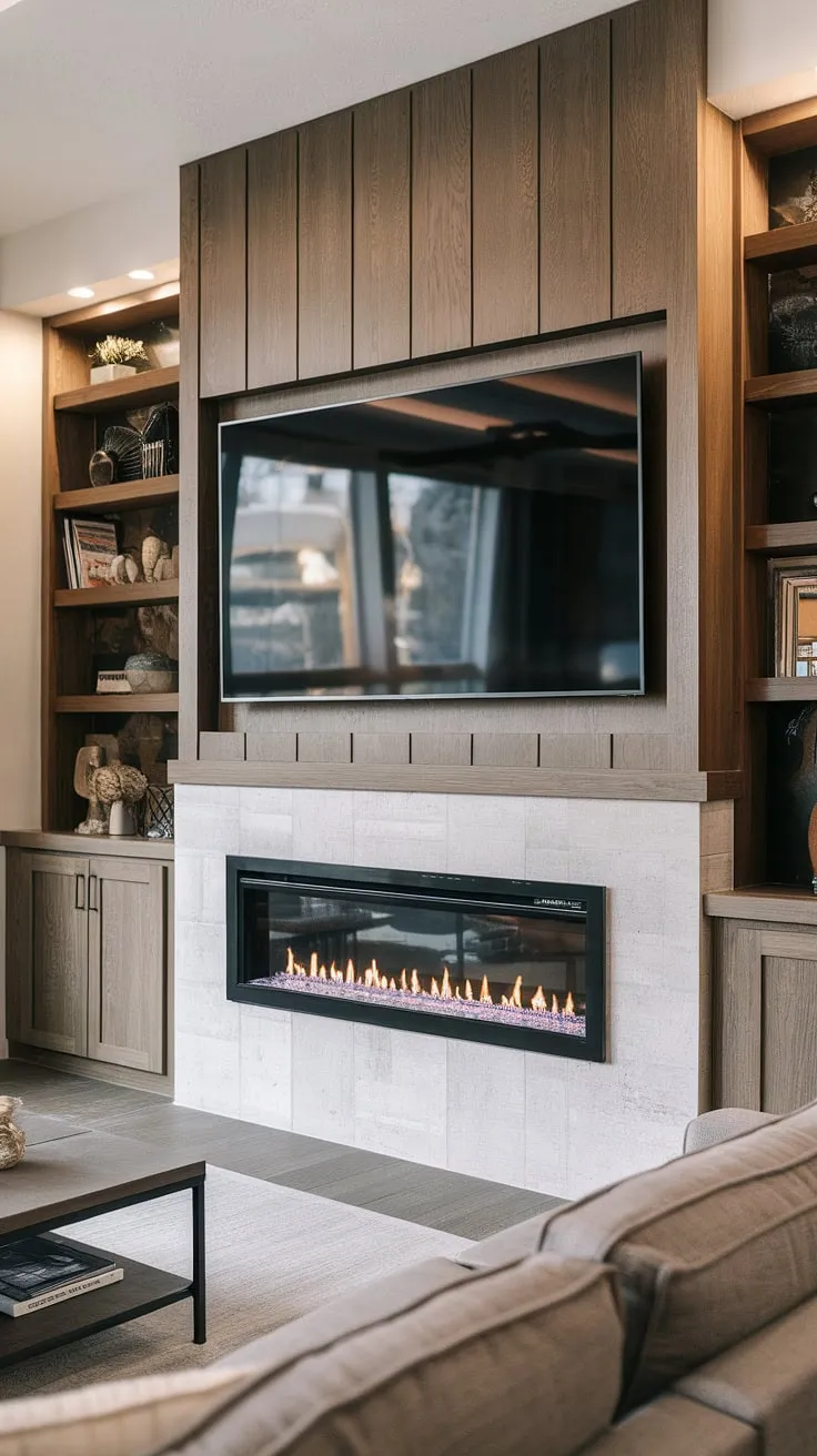 A living room tv wall unit doesn't get much better than this.  The media wall with fireplace is a showstopper, showcasing a modern media wall design with a built-in fireplace and sleek panelling. This cozy media wall is the heart of this living room, a perfect example of living room media wall elegance.