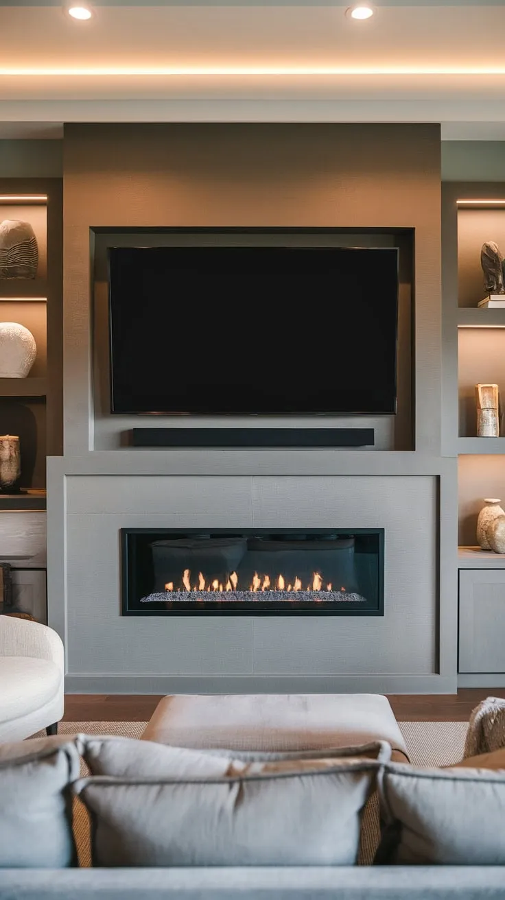 The living room decor with media wall is effortlessly chic. This cozy media wall features a custom tv wall unit with fireplace, showcasing a perfect blend of modern design and comfortable living. The media wall with fireplace is a statement piece, while the built-in fireplace tv wall adds warmth and sophistication. This living room media wall is the epitome of modern media wall design.