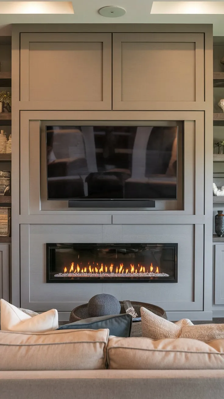 This contemporary living room media wall is the ultimate statement piece. The custom TV wall unit with fireplace offers both style and warmth, creating a cozy media wall perfect for movie nights.  The modern media wall design, complete with panelling, elevates the living room decor with media wall as its focal point.  A built-in fireplace TV wall seamlessly integrates comfort and entertainment.