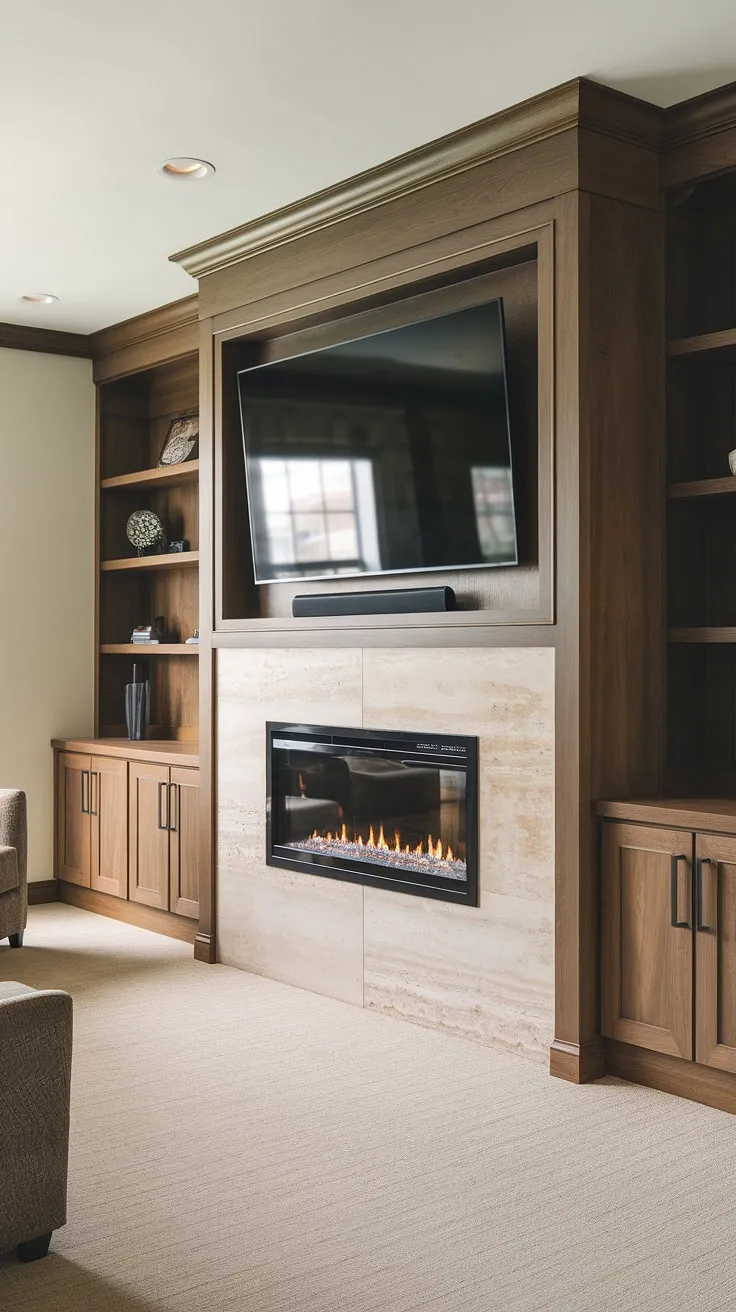 This custom TV wall unit with fireplace is the heart of our contemporary living room. The modern media wall design, featuring a cozy media wall and built-in fireplace, seamlessly blends style and functionality.  The living room media wall, complete with panelling, creates a stunning focal point, showcasing the perfect balance of living room decor with a media wall.