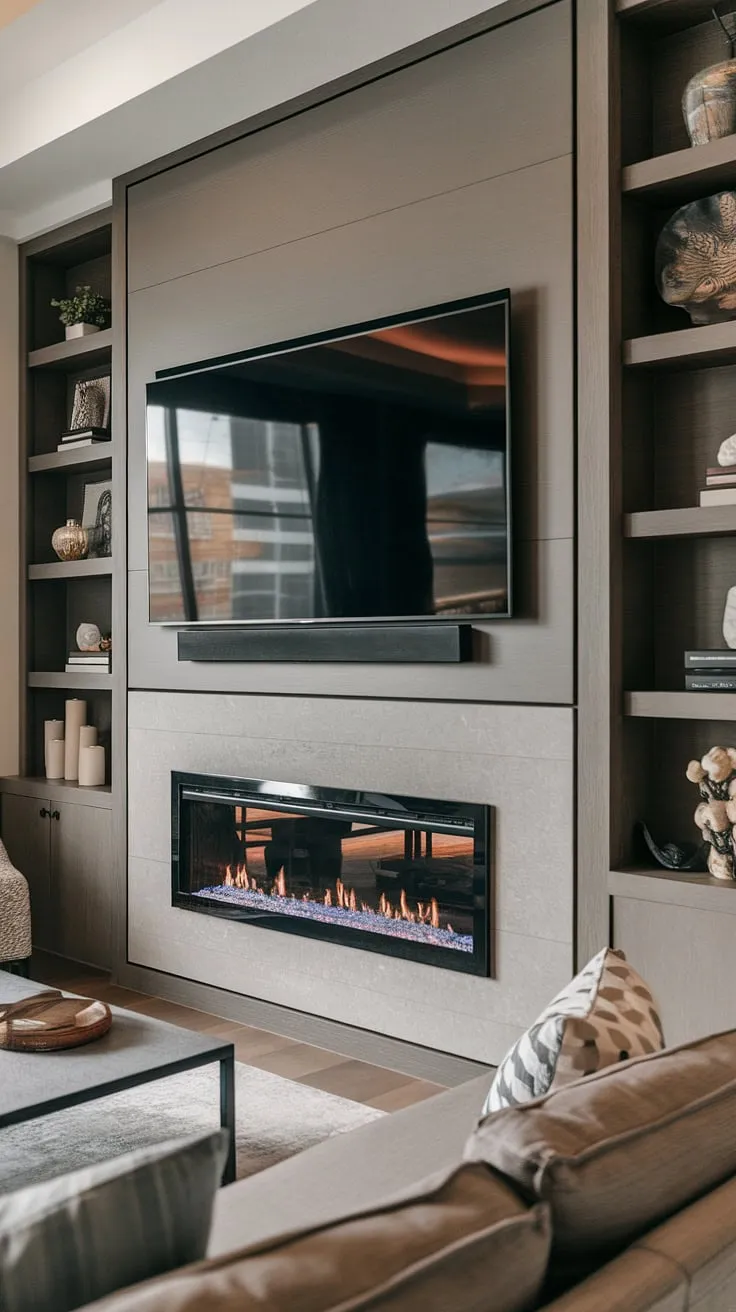The cozy media wall in this living room is a dream come true.  A built-in fireplace TV wall anchors the space, while the media wall with panelling adds texture and warmth. This modern media wall design is the perfect example of a living room media wall done right, showcasing a custom TV wall unit with fireplace that's both functional and aesthetically pleasing. The living room decor with media wall is the epitome of contemporary living room media wall style.