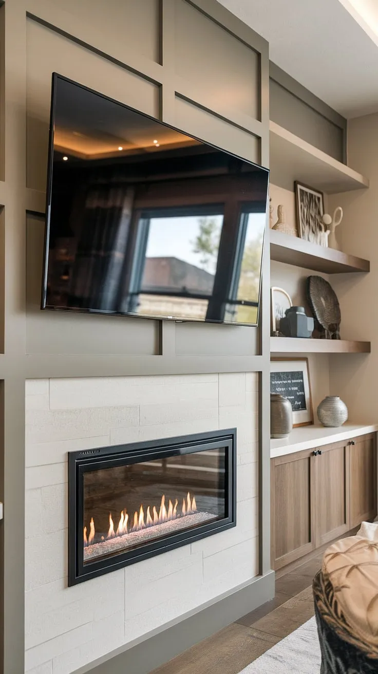 This contemporary living room media wall is the epitome of cozy sophistication.  The custom TV wall unit with fireplace, featuring a sleek built-in fireplace and a modern media wall design, seamlessly blends functionality and style.  The living room decor with media wall, complete with panelling, creates a warm and inviting atmosphere.  The living room tv wall unit offers ample storage, while the media wall with fireplace is the perfect focal point.