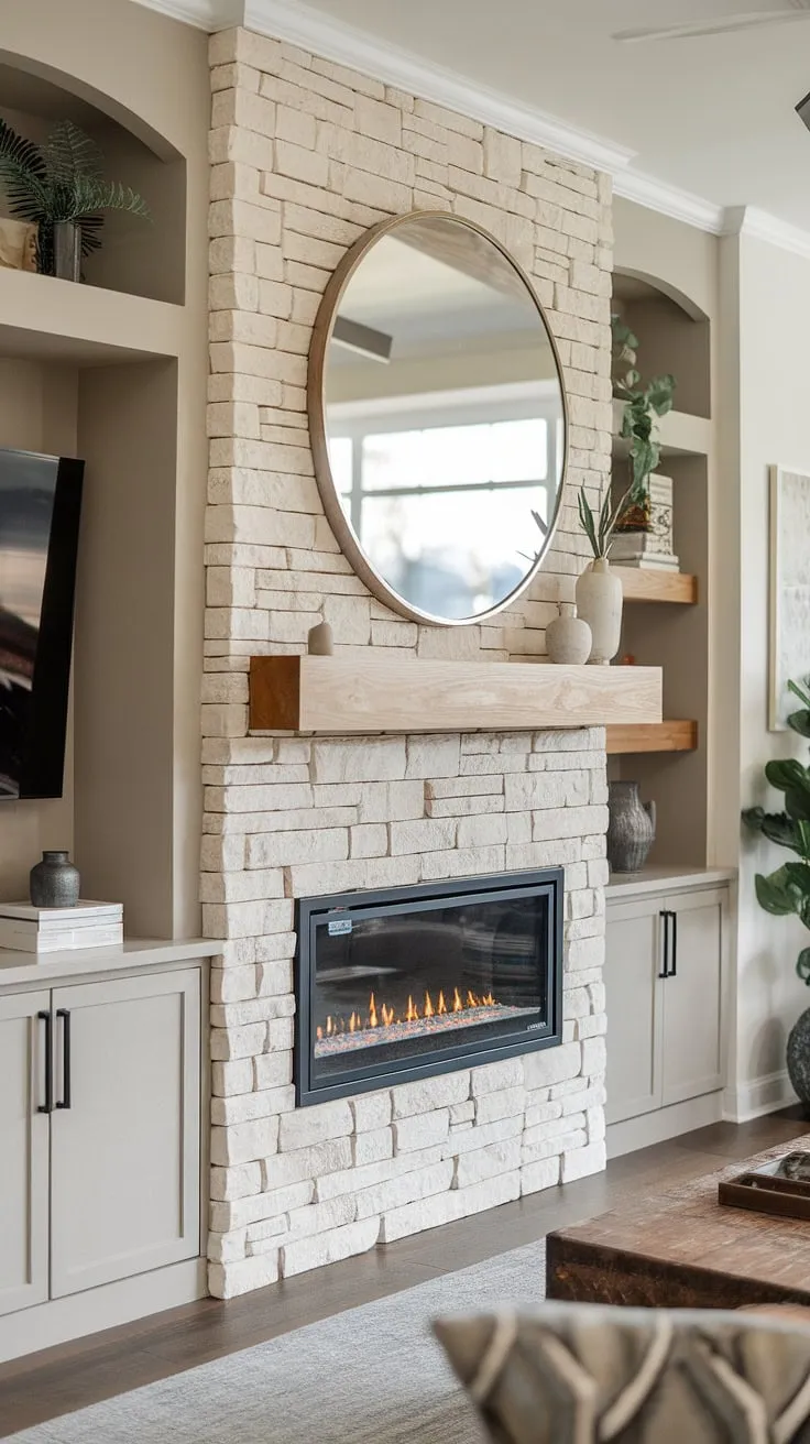 A stunning example of modern media wall design, this cozy media wall features a custom tv wall unit with fireplace. The media wall with fireplace is a true centerpiece, incorporating a built-in fireplace and ample storage.  This living room media wall offers both style and practicality, creating a warm and inviting atmosphere. The living room decor with media wall is completed by carefully chosen furniture and a touch of greenery.