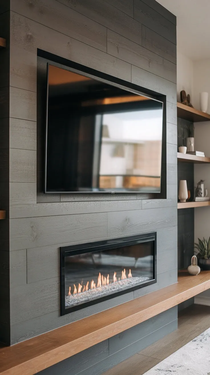 A cozy media wall is the heart of this living room, featuring a media wall with fireplace that's both functional and aesthetically pleasing. The built-in fireplace tv wall is a showstopper, a perfect example of a modern media wall design. This living room media wall, with its custom tv wall unit with fireplace, offers the ultimate in contemporary living room media wall style and comfort.  The media wall with panelling adds a touch of warmth and texture.