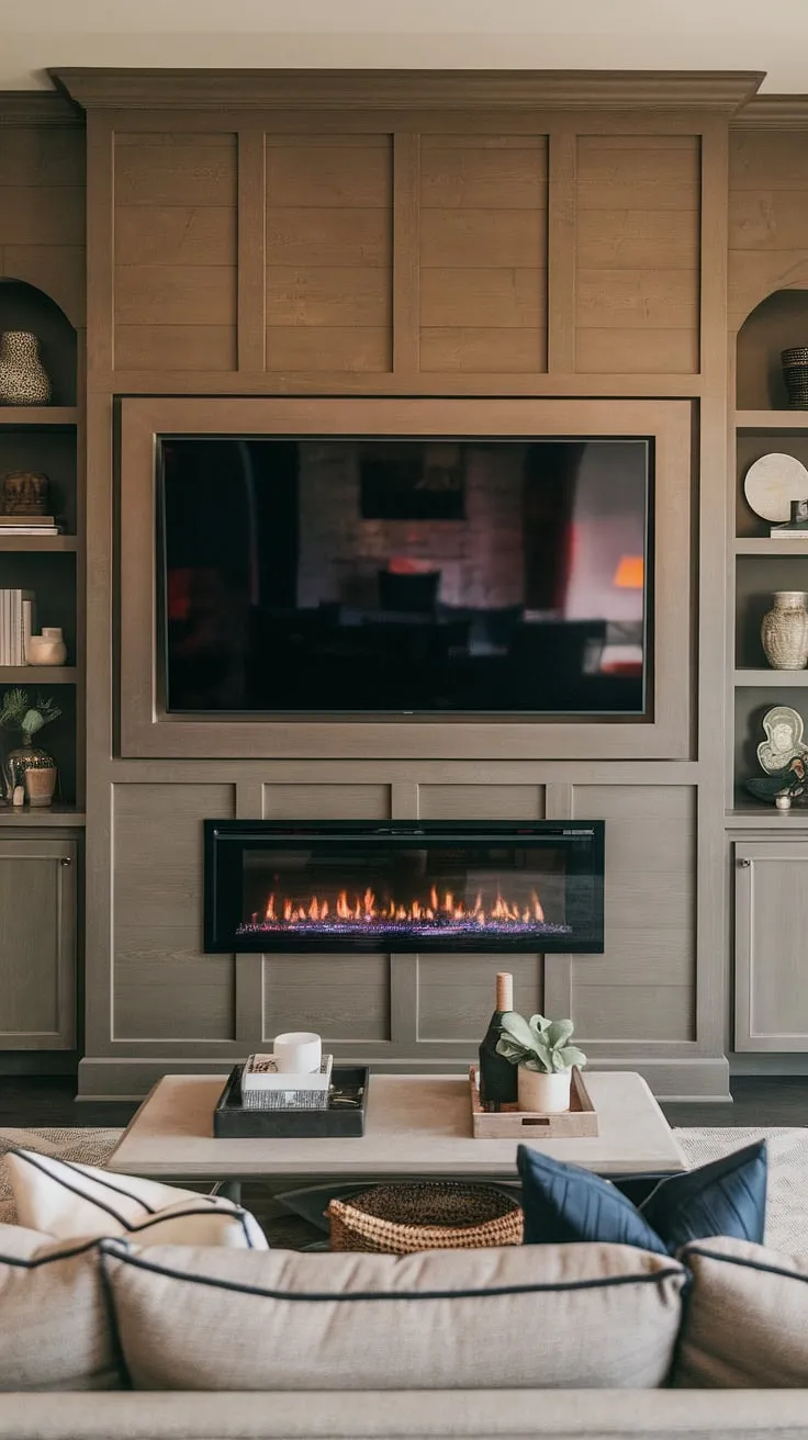 Escape to this cozy media wall, where a built-in fireplace and large TV are perfectly integrated into a stunning media wall with fireplace.  The living room tv wall unit is a masterpiece of modern media wall design, featuring elegant panelling and a warm, inviting atmosphere. This living room media wall is the epitome of sophisticated living room decor with media wall, offering the ultimate in comfort and style.