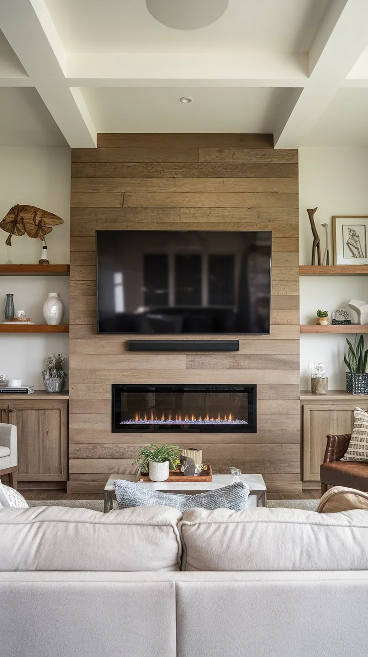 Escape to tranquility in this living room, where a media wall with fireplace is the heart of the home. The custom tv wall unit with fireplace is a masterpiece of modern media wall design, offering both warmth and entertainment.  This living room media wall, complete with built-in fireplace and tv wall, is the epitome of cozy media wall living, showcasing sophisticated living room decor with media wall.
