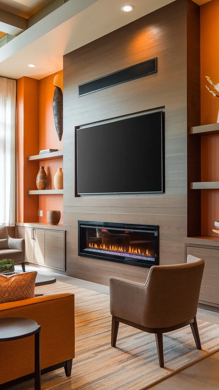 The modern media wall design in this living room is a masterpiece.  A media wall with fireplace, this custom TV wall unit with fireplace offers both style and functionality. The built-in fireplace adds a touch of warmth to the space, making it the perfect cozy media wall for relaxing evenings.  The living room tv wall unit is the ultimate statement piece in this living room media wall.