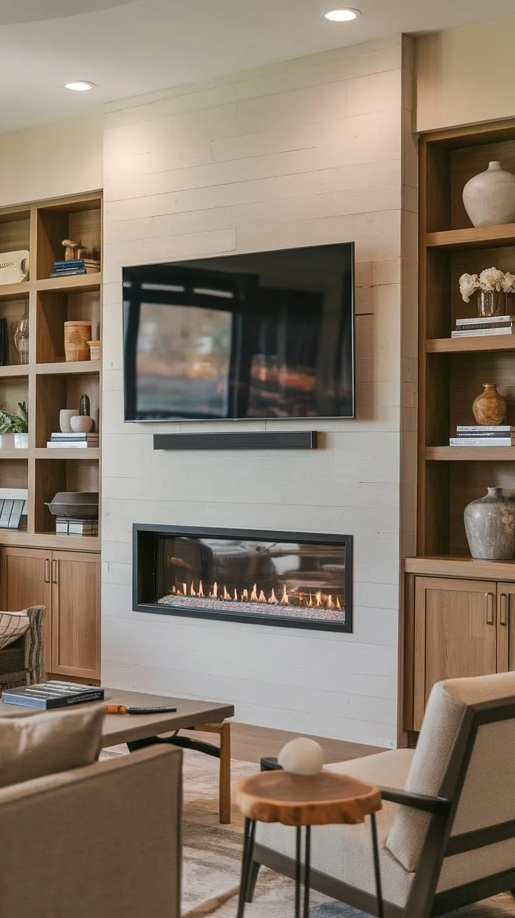 This contemporary living room media wall design seamlessly integrates a built-in fireplace and a large TV, creating a cozy and stylish focal point.  The custom TV wall unit with fireplace, complete with wooden shelving, offers both functionality and aesthetic appeal, showcasing a modern media wall design perfect for relaxing evenings. The living room decor with media wall is effortlessly chic.