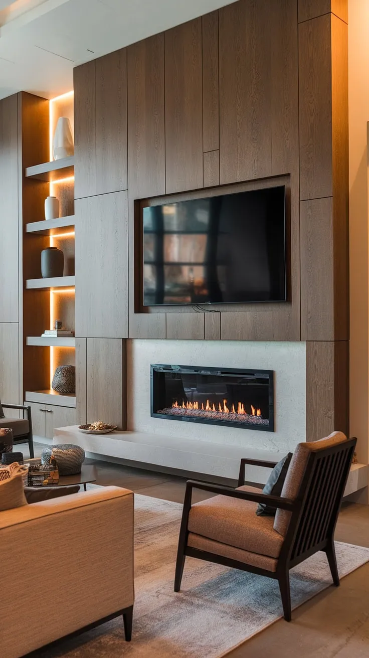 A modern media wall design featuring a built-in fireplace and large TV transforms this living room.  The media wall with panelling offers ample storage and creates a cozy media wall focal point. This living room media wall is a testament to sophisticated living room decor with media wall integration, showcasing a stunning contemporary living room media wall and a truly unique living room tv wall unit.