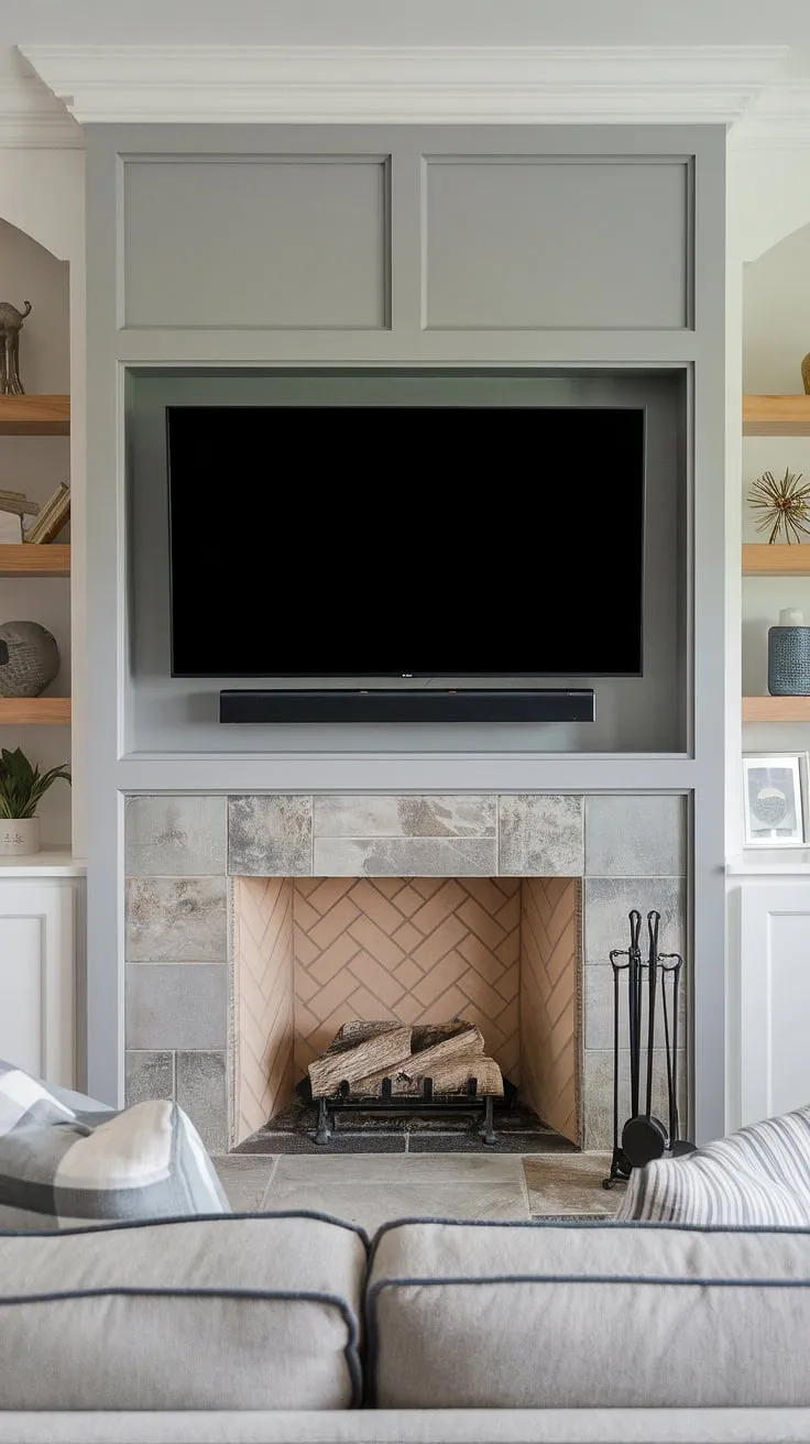 A stunning media wall with fireplace anchors this living room. The custom TV wall unit with fireplace boasts a sophisticated modern media wall design, incorporating stylish panelling. This cozy media wall, a living room tv wall unit and built-in fireplace combination, elevates the space, creating the ultimate living room media wall.