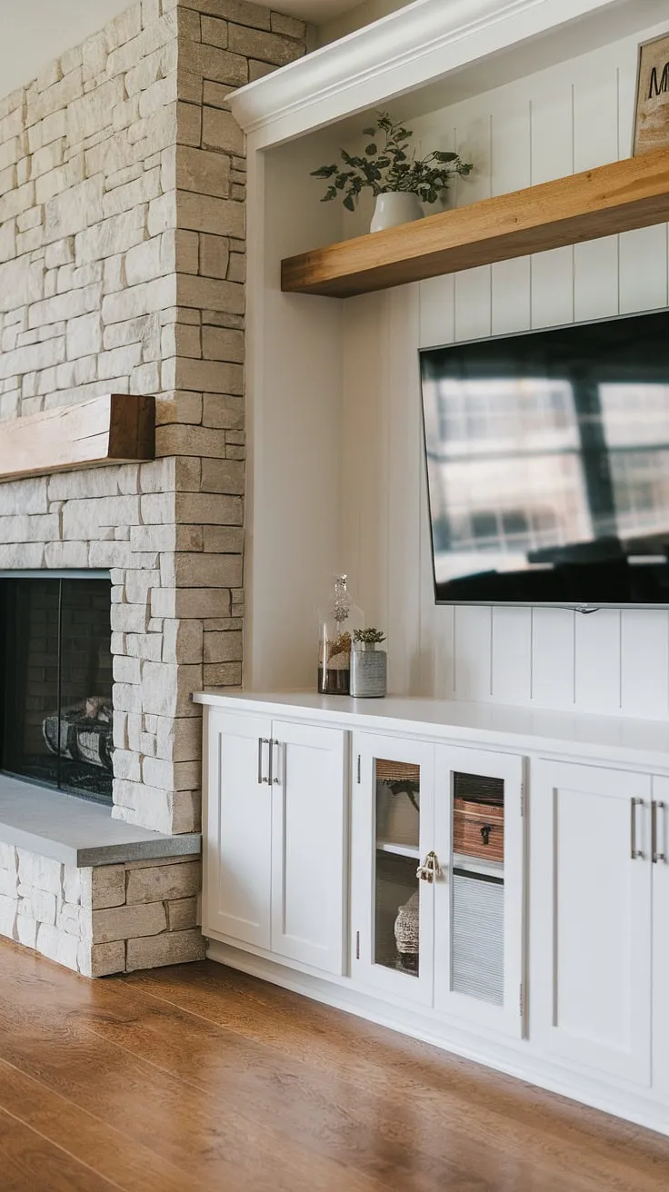 A cozy media wall transforms this living room. The modern media wall design incorporates a custom TV wall unit with fireplace, creating a stunning media wall with fireplace.  The built-in fireplace adds warmth, while the living room tv wall unit offers stylish storage. This living room media wall is the epitome of a contemporary living room media wall.