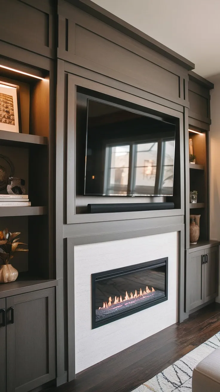 The contemporary living room media wall is a showstopper!  This living room tv wall unit features a media wall with fireplace, showcasing a stunning built-in fireplace TV wall. The cozy media wall, with its sophisticated panelling, is the heart of our home, a perfect example of a modern media wall design.  The media wall with panelling and integrated shelving completes the living room decor with media wall.