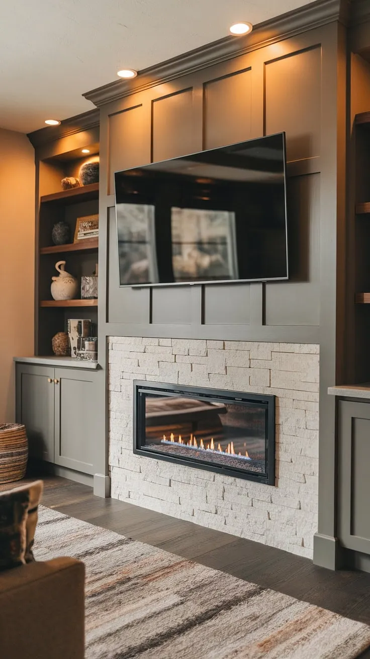 Warmth and style converge in this living room media wall.  The cozy media wall features a custom TV wall unit with fireplace, showcasing a stunning media wall with fireplace and panelling.  This living room tv wall unit is the epitome of modern media wall design, creating a sophisticated and inviting atmosphere.  The built-in fireplace adds a touch of luxury to this living room decor with media wall.