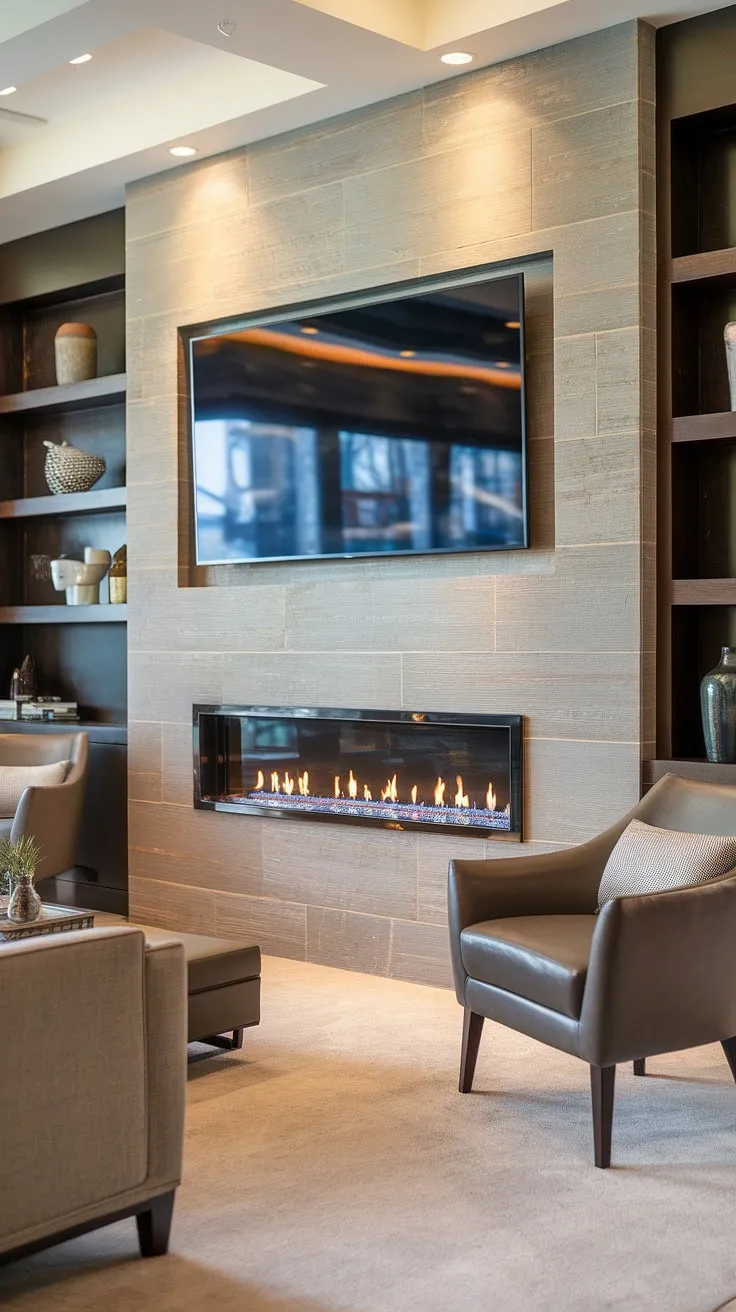 A cozy media wall anchors this living room, showcasing a modern media wall design with a built-in fireplace. The custom TV wall unit with fireplace is a focal point, complemented by subtle panelling and a plush seating area. This living room media wall perfectly blends form and function, creating the ultimate contemporary living room media wall. The media wall with fireplace and integrated shelving offers a sophisticated and practical solution for living room tv wall unit needs.