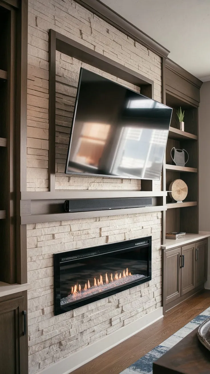The living room tv wall unit is more than just storage; it's a statement.  This media wall with fireplace boasts a stunning built-in fireplace tv wall, showcasing a modern media wall design with eye-catching panelling. The cozy media wall is the perfect blend of style and comfort, making it the focal point of our contemporary living room media wall.  A custom tv wall unit with fireplace, designed for both functionality and aesthetic appeal.