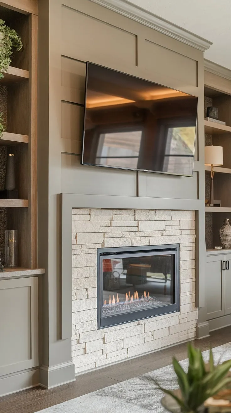The living room tv wall unit is a masterpiece of functionality and style. This media wall with fireplace boasts a stunning built-in fireplace, showcasing a cozy media wall perfect for relaxing evenings. The living room media wall's custom design, complete with panelling, elevates the space, creating a sophisticated modern media wall design.  This media wall with fireplace is the heart of this living room decor with media wall.