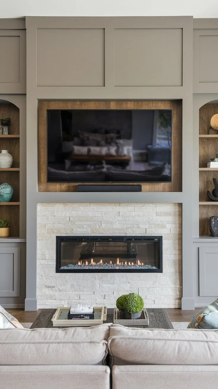 This contemporary living room media wall seamlessly blends modern design with cozy comfort. The custom TV wall unit with fireplace, a stunning example of a media wall with panelling, creates a focal point that's both stylish and functional.  The built-in fireplace TV wall offers warmth and ambiance, perfectly complementing the living room decor with media wall.