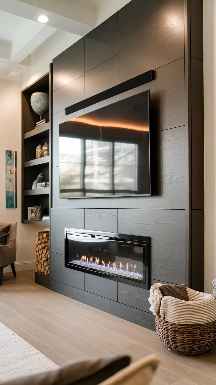 A living room media wall transformed! This custom TV wall unit with fireplace showcases a sleek minimalist design, perfectly complementing the media wall with panelling. The built-in fireplace adds a touch of warmth to this modern media wall design, creating a cozy media wall ideal for relaxing evenings.  The living room tv wall unit is the heart of this sophisticated living room decor with media wall.