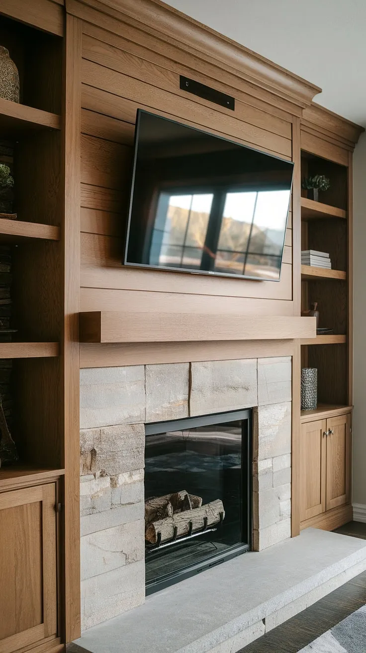 This custom TV wall unit with fireplace seamlessly blends modern media wall design with cozy living room decor. The built-in fireplace adds warmth, creating a stunning living room media wall that's both functional and aesthetically pleasing.  The media wall with panelling and the living room tv wall unit complete this contemporary living room media wall.