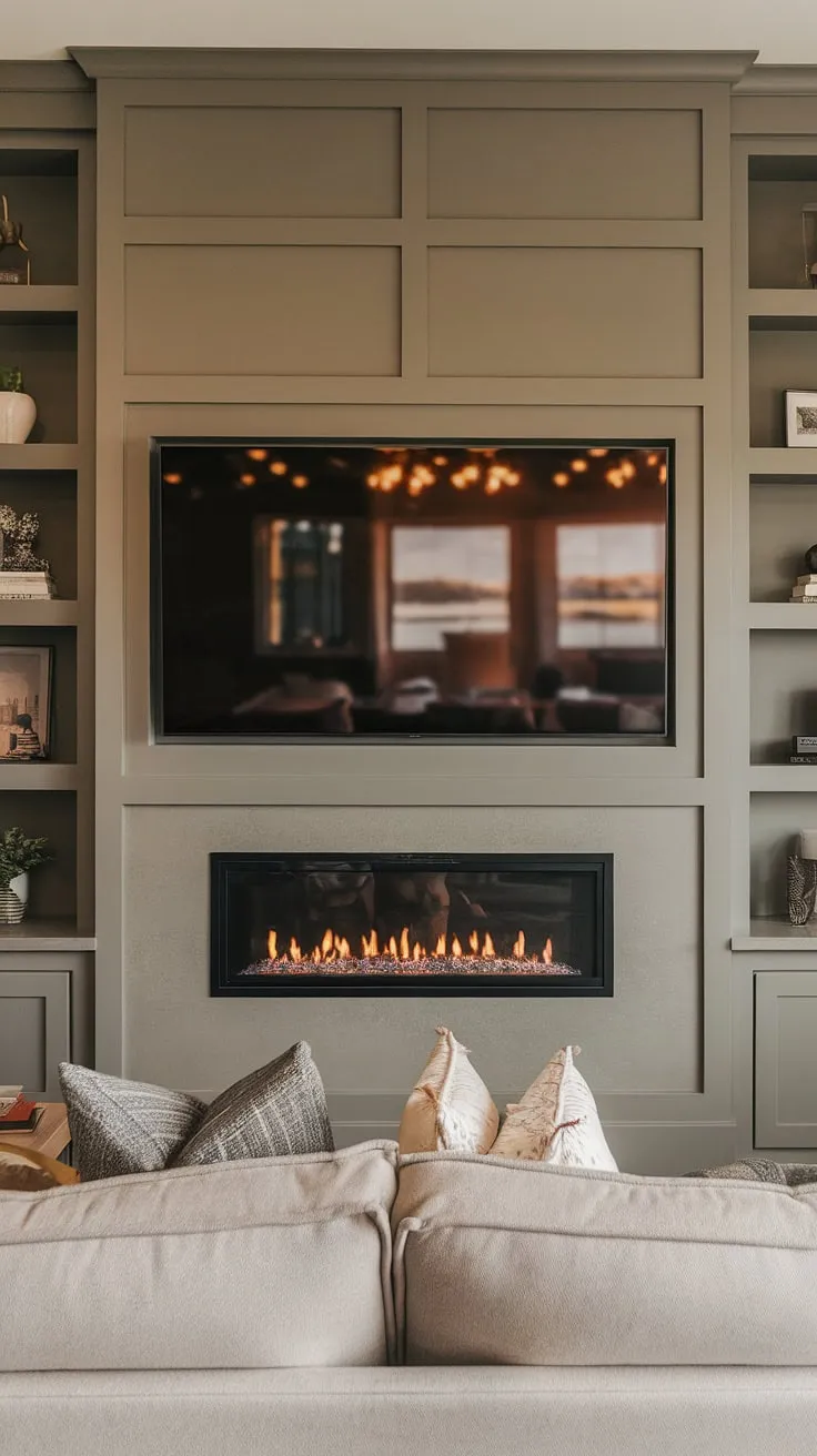 This contemporary living room boasts a stunning media wall with fireplace, the perfect blend of modern design and cozy comfort.  The custom TV wall unit with fireplace, complete with panelling and built-in shelves, is a focal point, showcasing a sophisticated living room decor with media wall.  The built-in fireplace adds warmth, creating the ultimate relaxation space.