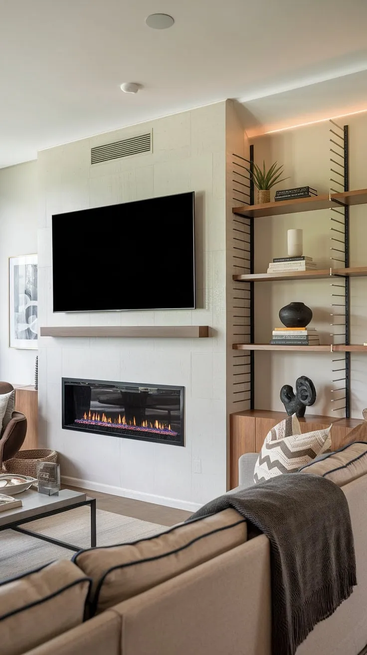 The living room media wall is the heart of this home, a cozy media wall featuring a built-in fireplace and TV.  This modern media wall design incorporates a custom TV wall unit with fireplace, showcasing sleek panelling and ample storage.  The media wall with fireplace and integrated shelving offers the perfect blend of style and functionality in this contemporary living room media wall setup.  The media wall with panelling adds a touch of sophistication to the overall living room decor with media wall.