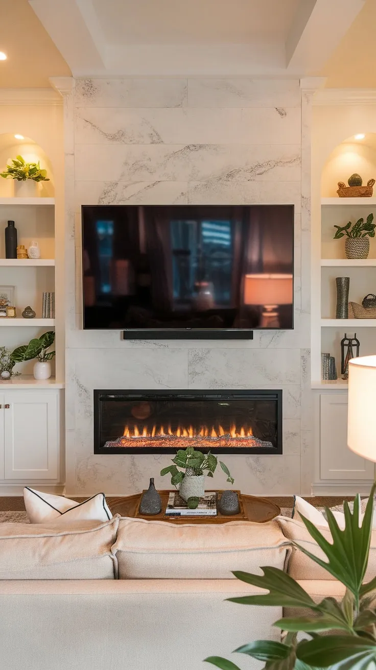 Indulge in ultimate comfort with this cozy media wall, the heart of a beautifully designed living room.  The media wall with fireplace is a masterpiece of modern media wall design, showcasing a custom TV wall unit with fireplace integrated flawlessly. This living room media wall, complete with panelling, offers both style and practicality. The built-in fireplace TV wall is the perfect blend of form and function, making it the ideal living room decor with media wall.