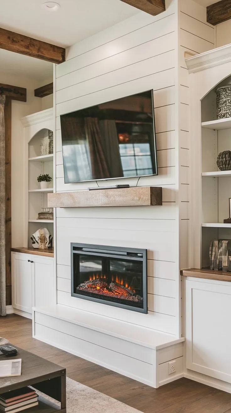 Cozy nights are guaranteed with this stunning shiplap fireplace, the focal point of our living room.  The built-in electric fireplace offers warmth and ambiance, perfectly complemented by the surrounding fireplace built-ins and a conveniently placed TV above.  This fireplace tv wall is the heart of our home, a DIY shiplap fireplace project we're incredibly proud of.  While a bedroom fireplace would be lovely, this living room fireplace is where we truly unwind.