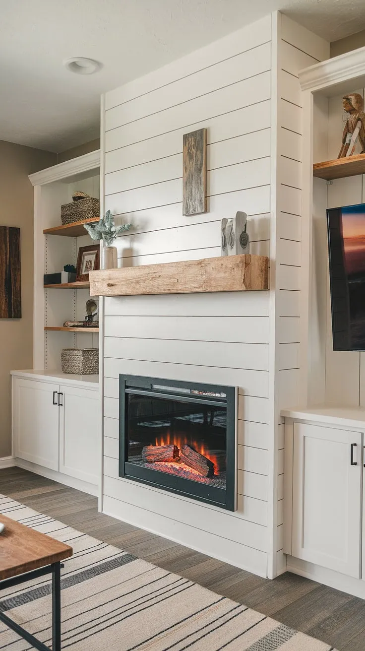 This built-in electric fireplace is the heart of this charming living room.  The shiplap fireplace adds a touch of rustic elegance, perfectly complemented by the surrounding fireplace built-ins, including a convenient TV wall.  Imagine relaxing by this cozy living room fireplace, a testament to the beauty of a DIY shiplap fireplace.  While a bedroom fireplace might be lovely, this one takes center stage.