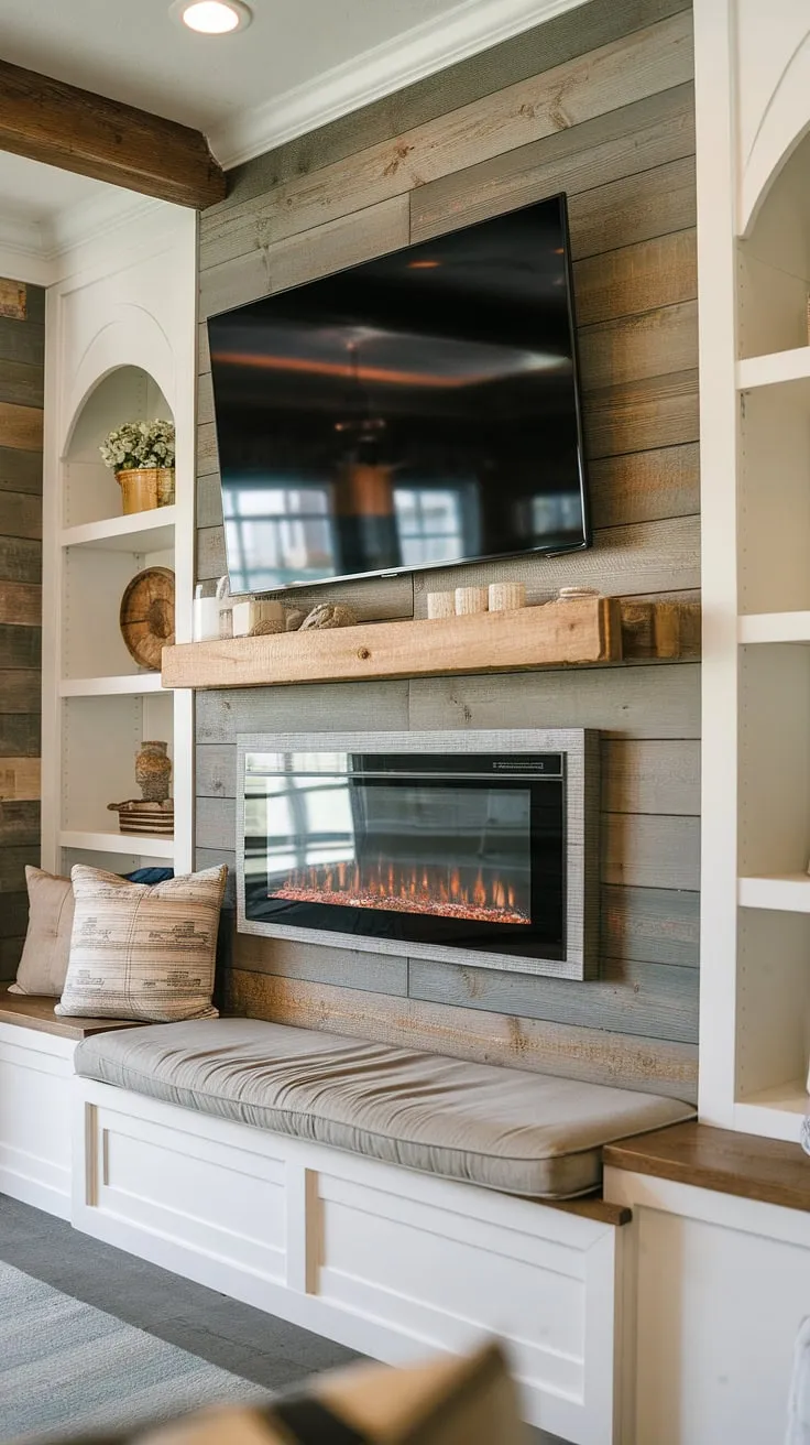 This living room fireplace is more than just a heat source; it's a statement piece. The built-in electric fireplace, crafted from shiplap wood, creates a rustic charm that's both inviting and sophisticated.  The integrated fireplace built-ins and the strategically placed TV above complete this fireplace tv wall, a testament to thoughtful design.  A DIY shiplap fireplace project of this caliber is the ultimate upgrade for any home.