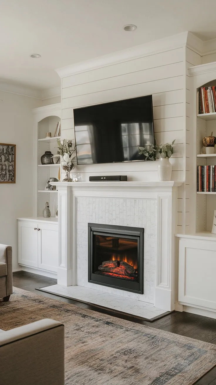 This shiplap fireplace is the heart of this home. The built-in electric fireplace offers the ambiance of a traditional hearth without the hassle, perfectly complemented by the surrounding fireplace built-ins and mounted TV.  While a DIY shiplap fireplace might be a project, this expertly crafted fireplace TV wall is the epitome of effortless elegance.  It's the perfect living room fireplace, a far cry from a typical bedroom fireplace.