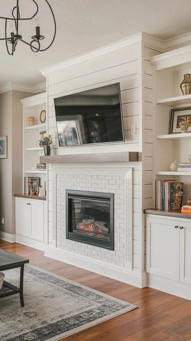 Dreamy evenings start here.  This DIY shiplap fireplace, featuring a built-in electric fireplace and custom fireplace built-ins, transforms this space. The living room fireplace is the heart of the home, and this one is truly captivating.  The TV above completes the fireplace TV wall perfectly.
