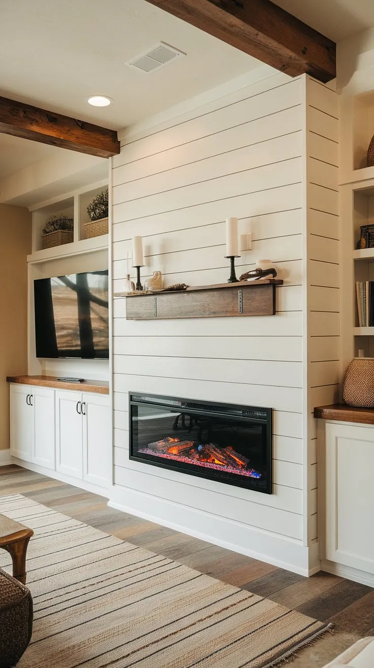 Cozy nights are made for this living room fireplace.  The built-in electric fireplace, complete with shiplap design, is the perfect focal point of this rustic retreat.  The fireplace TV wall, with its clever fireplace built-ins, offers both warmth and entertainment.  While a bedroom fireplace might be lovely, this living room fireplace is truly a dream.  This isn't your average DIY shiplap fireplace; it's a statement piece.