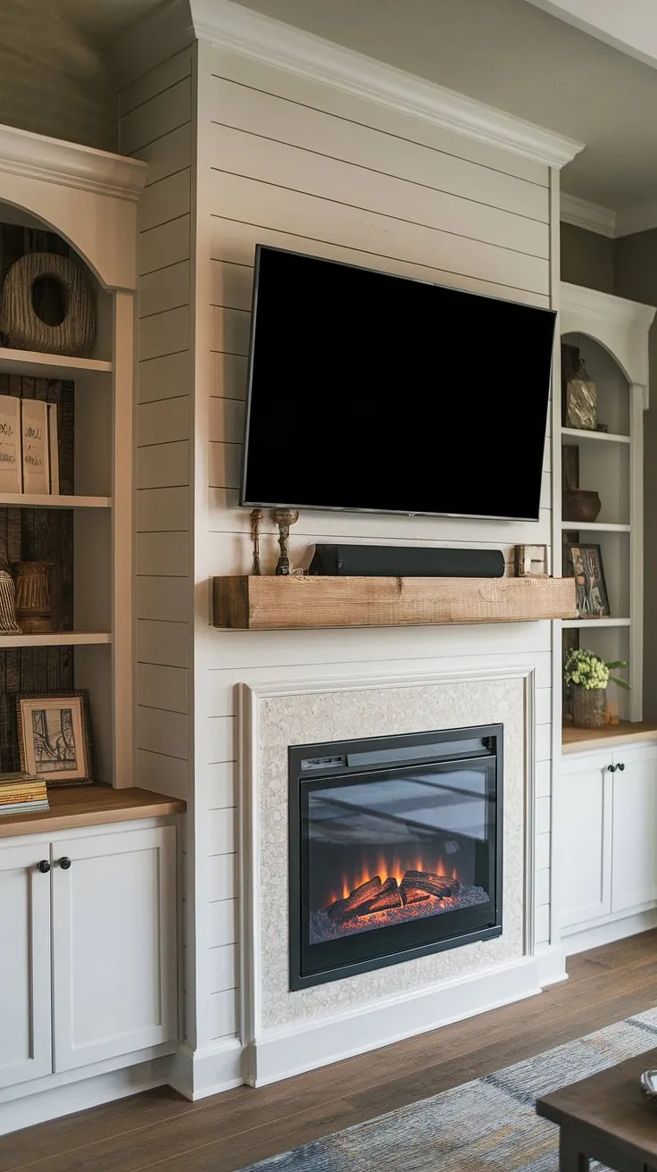 Cozy nights are guaranteed with this stunning living room fireplace, featuring a shiplap fireplace design cleverly integrated into the TV wall.  The built-in electric fireplace offers the ambiance of a real fire without the hassle, perfectly complemented by the surrounding fireplace built-ins.  While a bedroom fireplace might be lovely, this living room fireplace is the heart of the home.  This DIY shiplap fireplace project transformed the space, showcasing the beauty of a built-in fireplace.