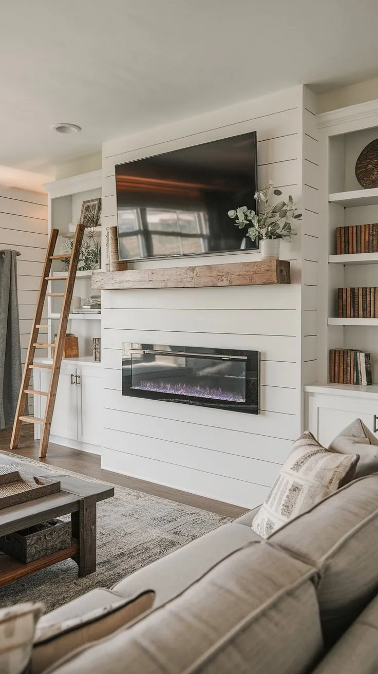 Cozy nights are made for this living room fireplace. The shiplap fireplace, complete with a built-in electric fireplace and flanking bookshelves, is the heart of this rustic retreat.  The fireplace TV wall is the perfect blend of function and style, and the fireplace built-ins offer ample storage.  A DIY shiplap fireplace might be a project for another day, but this one is pure perfection.