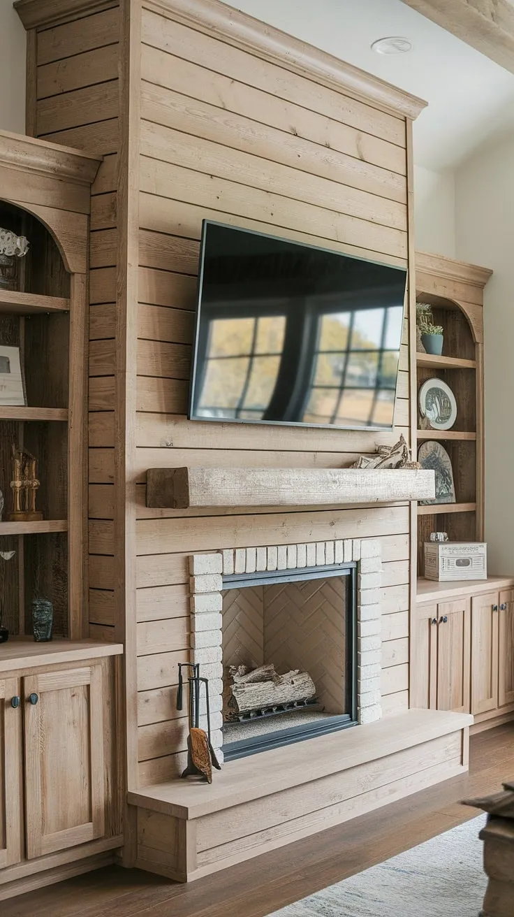Imagine relaxing by this breathtaking built-in fireplace, crafted from beautiful shiplap wood.  The fireplace TV wall above is the perfect blend of form and function, while the flanking built-ins add practicality and style.  This DIY shiplap fireplace is the heart of this rustic retreat, a perfect addition to any living room (or even a luxurious bedroom fireplace!).  The built-in electric fireplace provides the ultimate in cozy comfort.
