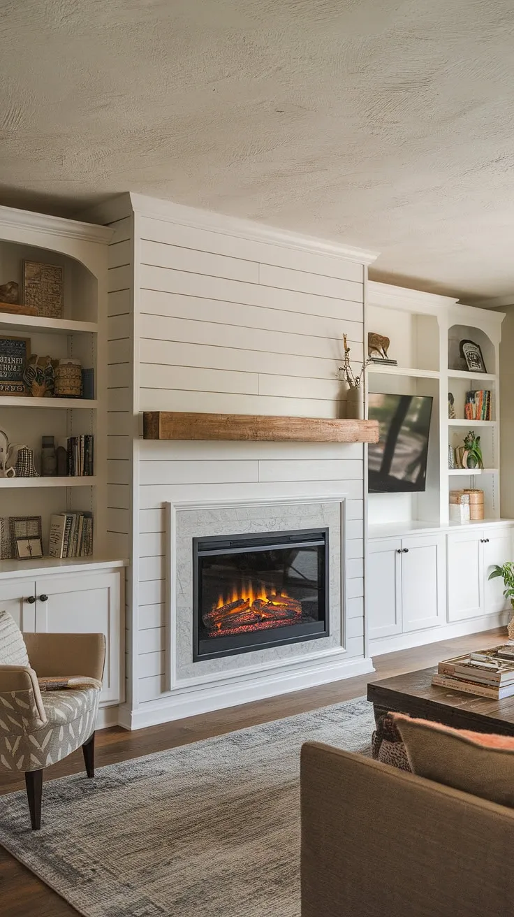 Cozy nights are made for this living room, complete with a stunning built-in electric fireplace featuring shiplap siding.  The fireplace TV wall, flanked by fireplace built-ins, creates the perfect blend of warmth and modern convenience.  A living room fireplace this beautiful is a dream come true, though a bedroom fireplace might be nice too!  While a DIY shiplap fireplace might be a project, this one is pure perfection.