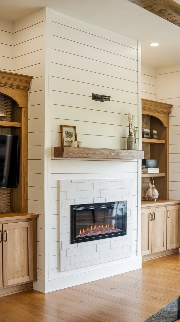Cozy nights are guaranteed with this living room fireplace, featuring a stunning shiplap fireplace and built-in electric fireplace.  The fireplace TV wall, complete with fireplace built-ins, offers both style and functionality.  A dream come true, even if it wasn't a DIY shiplap fireplace project.